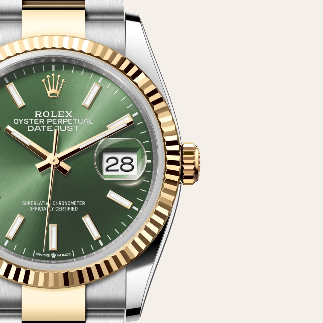 Rolex Datejust 36 in Yellow Rolesor - combination of Oystersteel and yellow gold with a Olive green dial, Fluted bezel, Oyster, three-piece solid links bracelet