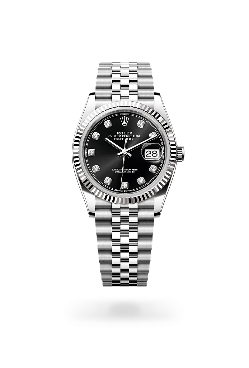 Rolex Datejust 36 in White Rolesor - combination of Oystersteel and white gold with a Bright black set with diamonds dial, Fluted bezel, Jubilee, five-piece links bracelet