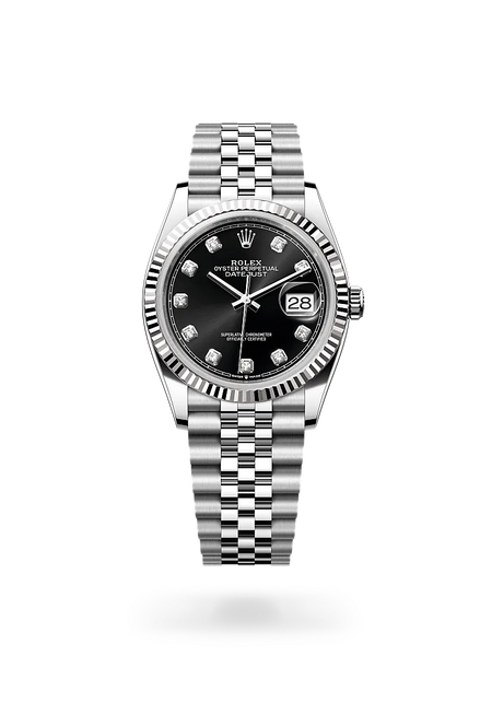 Rolex Datejust 36 in White Rolesor - combination of Oystersteel and white gold with a Bright black set with diamonds dial, Fluted bezel, Jubilee, five-piece links bracelet
