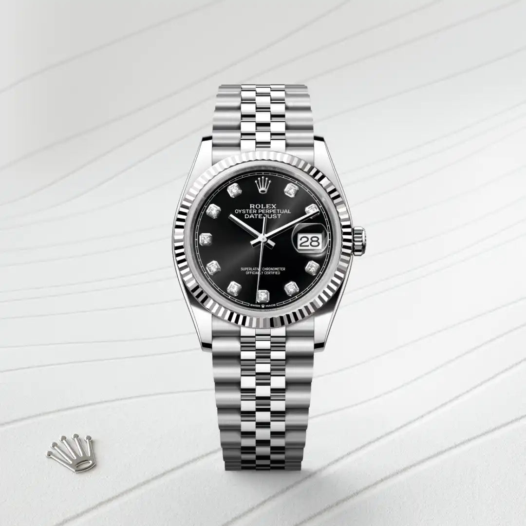 Rolex Datejust 36 in White Rolesor - combination of Oystersteel and white gold with a Bright black set with diamonds dial, Fluted bezel, Jubilee, five-piece links bracelet