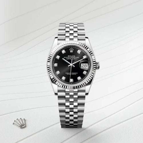 Rolex Datejust 36 in White Rolesor - combination of Oystersteel and white gold with a Bright black set with diamonds dial, Fluted bezel, Jubilee, five-piece links bracelet