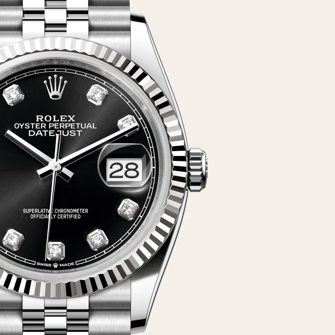Rolex Datejust 36 in White Rolesor - combination of Oystersteel and white gold with a Bright black set with diamonds dial, Fluted bezel, Jubilee, five-piece links bracelet