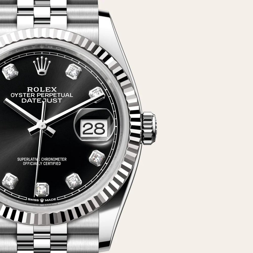 Rolex Datejust 36 in White Rolesor - combination of Oystersteel and white gold with a Bright black set with diamonds dial, Fluted bezel, Jubilee, five-piece links bracelet