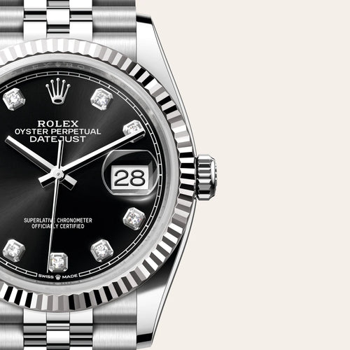 Rolex Datejust 36 in White Rolesor - combination of Oystersteel and white gold with a Bright black set with diamonds dial, Fluted bezel, Jubilee, five-piece links bracelet