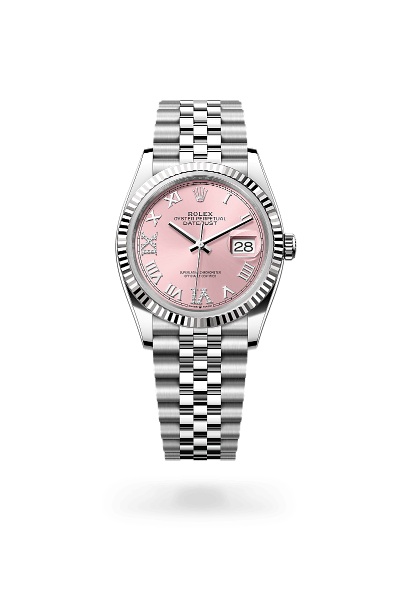 Rolex Datejust 36 in White Rolesor - combination of Oystersteel and white gold with a Pink set with diamonds dial, Fluted bezel, Jubilee, five-piece links bracelet