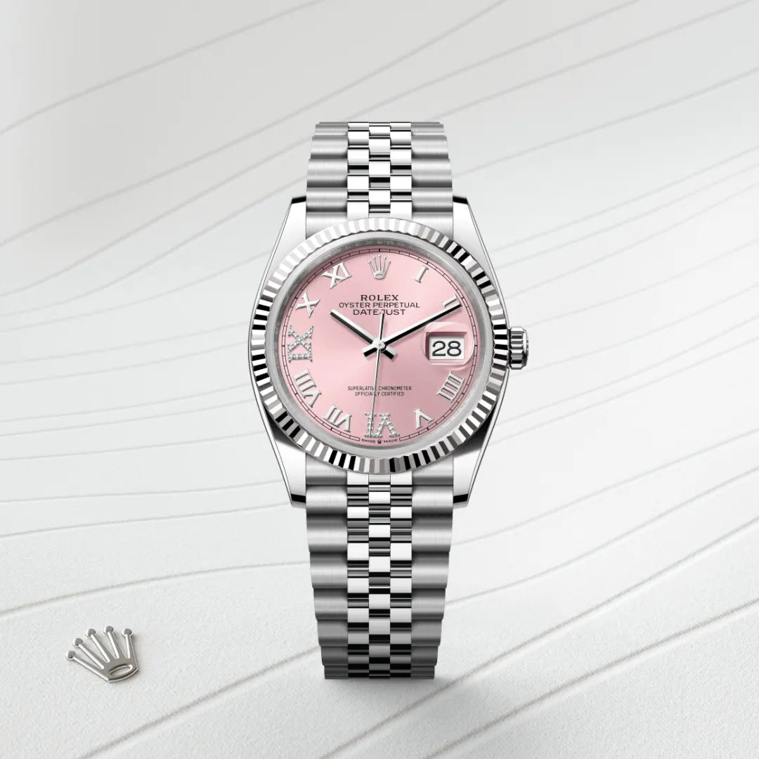 Rolex Datejust 36 in White Rolesor - combination of Oystersteel and white gold with a Pink set with diamonds dial, Fluted bezel, Jubilee, five-piece links bracelet