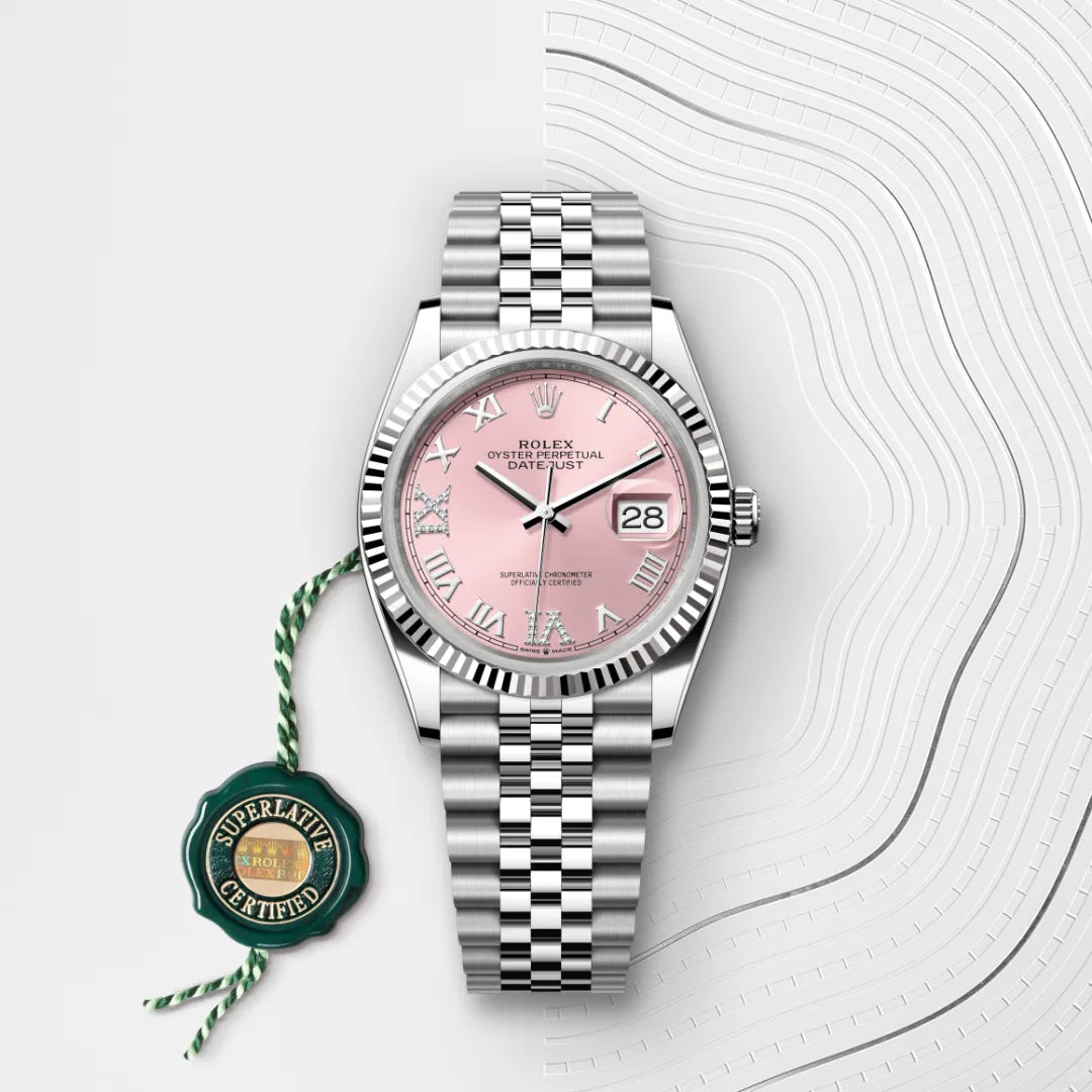 Rolex Datejust 36 in White Rolesor - combination of Oystersteel and white gold with a Pink set with diamonds dial, Fluted bezel, Jubilee, five-piece links bracelet