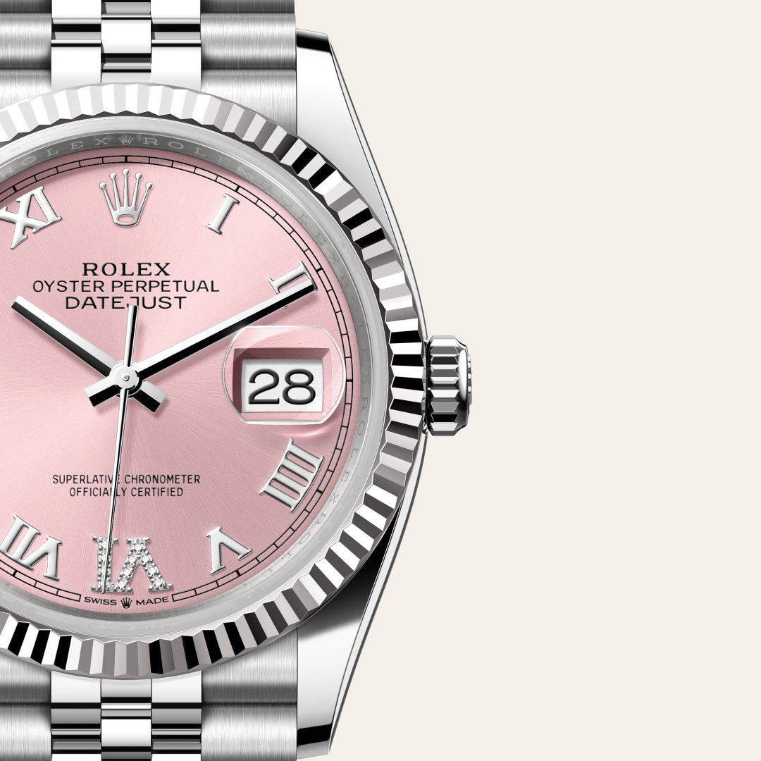Rolex Datejust 36 in White Rolesor - combination of Oystersteel and white gold with a Pink set with diamonds dial, Fluted bezel, Jubilee, five-piece links bracelet