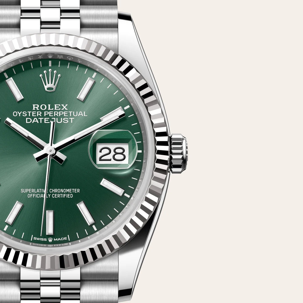 Rolex Datejust 36 in White Rolesor - combination of Oystersteel and white gold with a Mint green dial, Fluted bezel, Jubilee, five-piece links bracelet