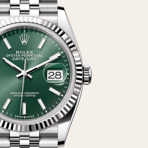 Rolex Datejust 36 in White Rolesor - combination of Oystersteel and white gold with a Mint green dial, Fluted bezel, Jubilee, five-piece links bracelet