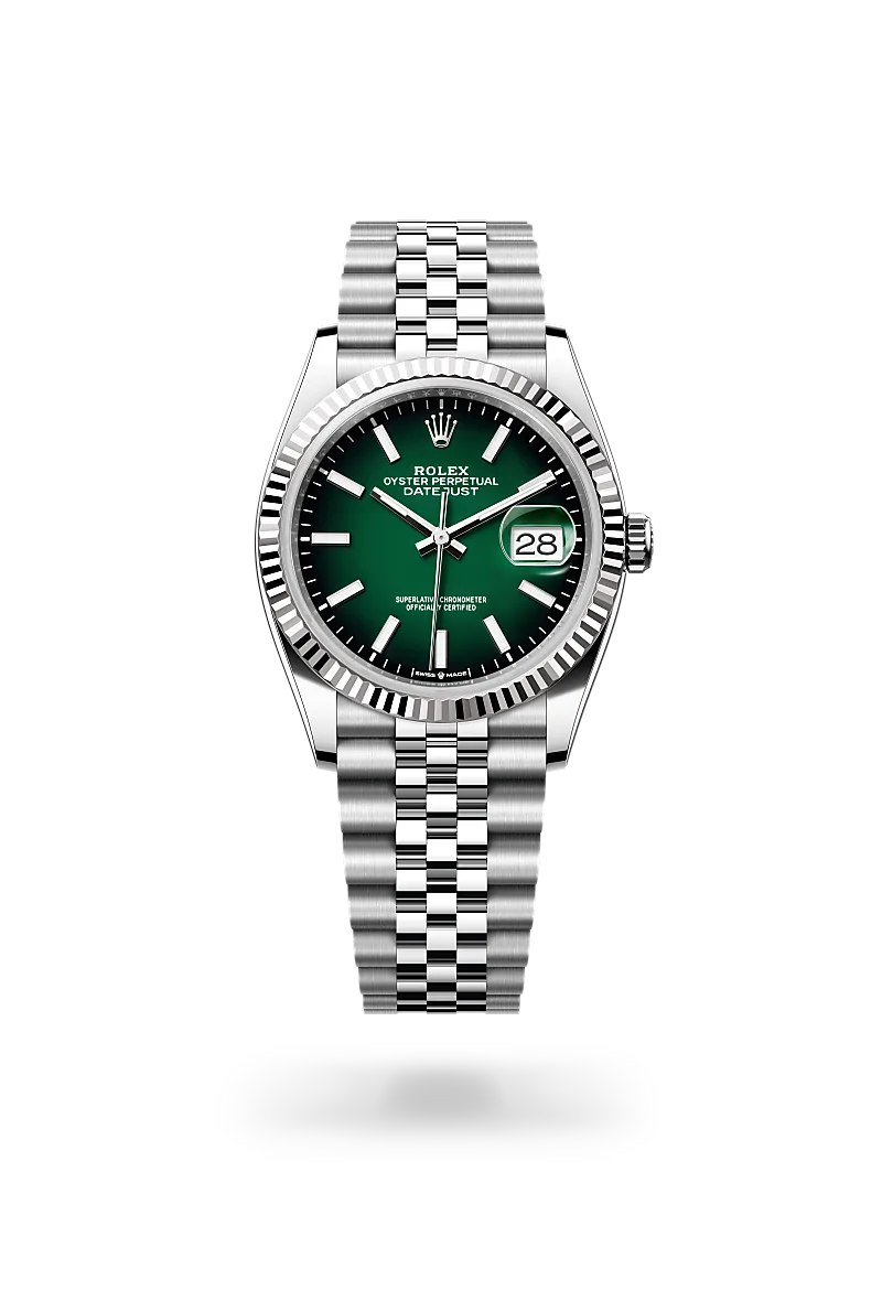 Rolex Datejust 36 in White Rolesor - combination of Oystersteel and white gold with a Green ombré dial, Fluted bezel, Jubilee, five-piece links bracelet