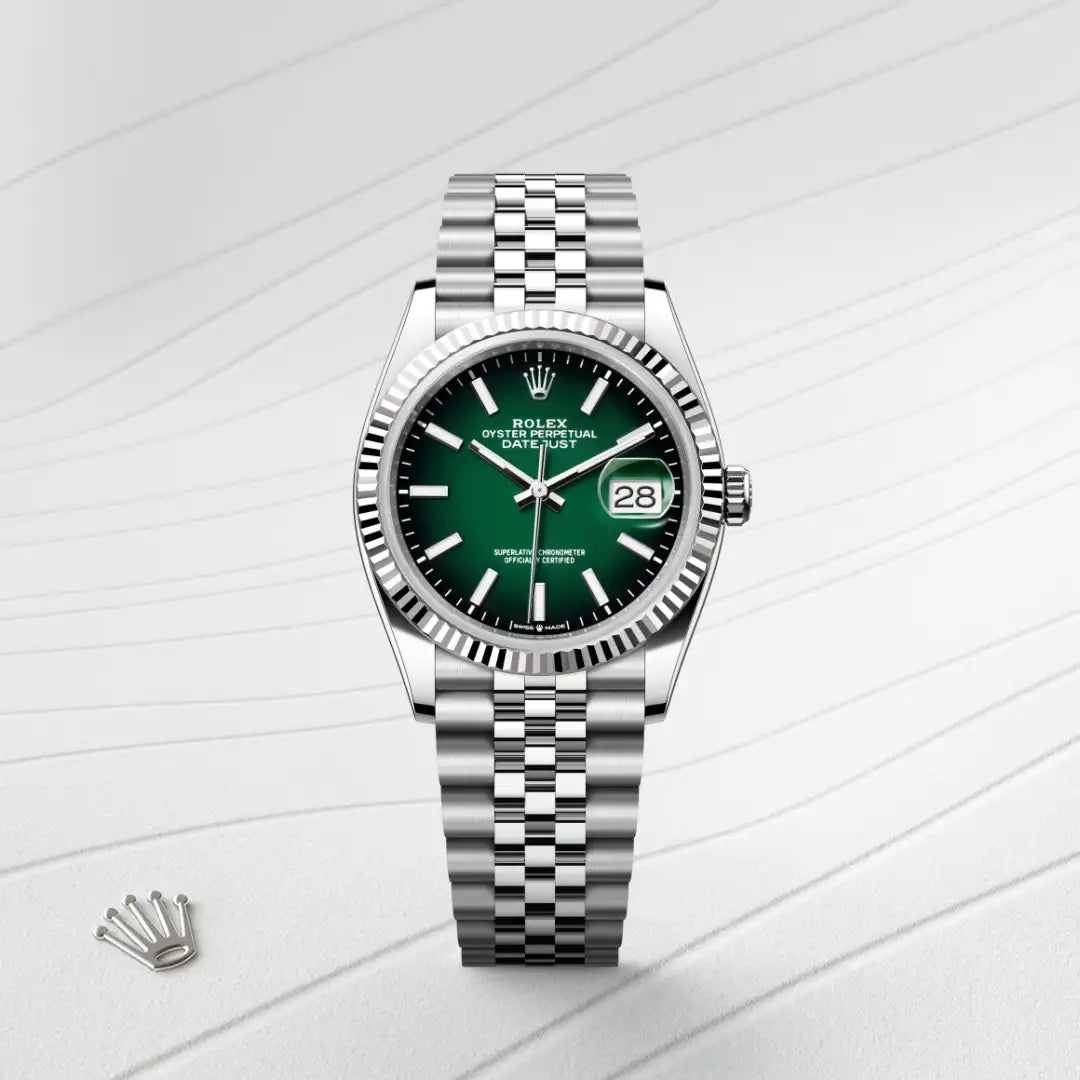 Rolex Datejust 36 in White Rolesor - combination of Oystersteel and white gold with a Green ombré dial, Fluted bezel, Jubilee, five-piece links bracelet