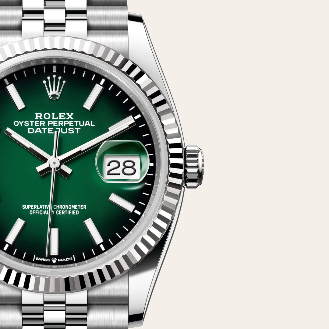 Rolex Datejust 36 in White Rolesor - combination of Oystersteel and white gold with a Green ombré dial, Fluted bezel, Jubilee, five-piece links bracelet