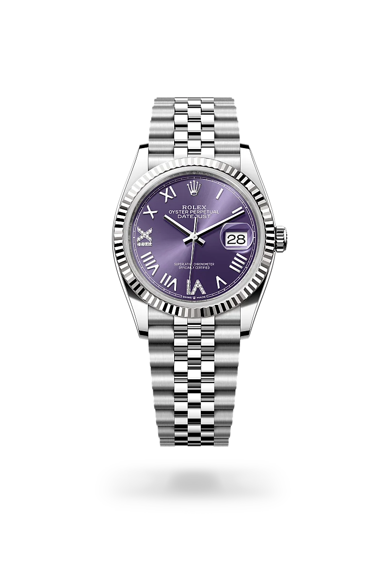 Rolex Datejust 36 in White Rolesor - combination of Oystersteel and white gold with a Aubergine set with diamonds dial, Fluted bezel, Jubilee, five-piece links bracelet
