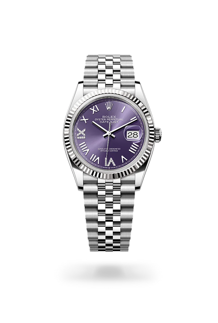 Rolex Datejust 36 in White Rolesor - combination of Oystersteel and white gold with a Aubergine set with diamonds dial, Fluted bezel, Jubilee, five-piece links bracelet