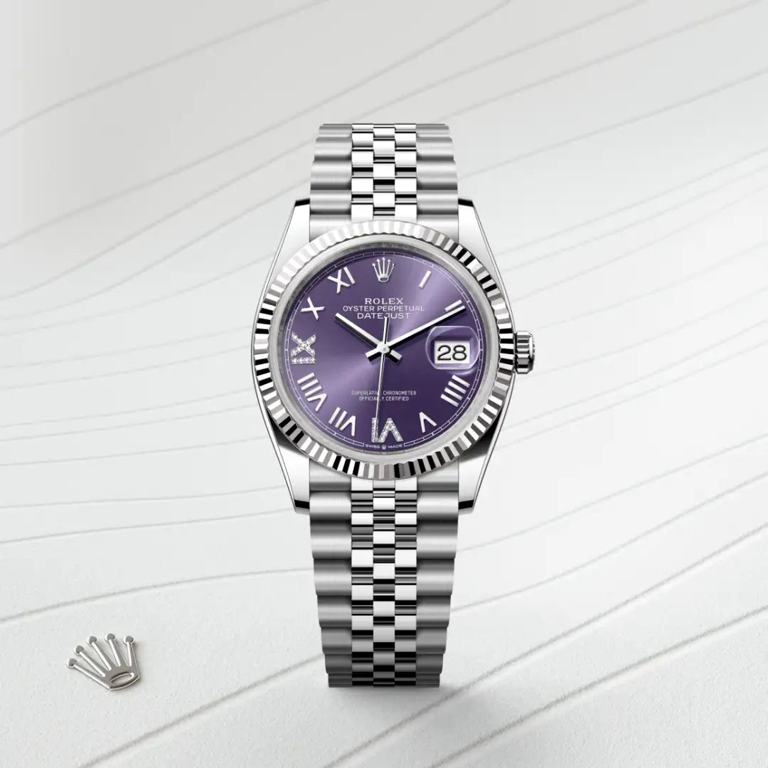 Rolex Datejust 36 in White Rolesor - combination of Oystersteel and white gold with a Aubergine set with diamonds dial, Fluted bezel, Jubilee, five-piece links bracelet