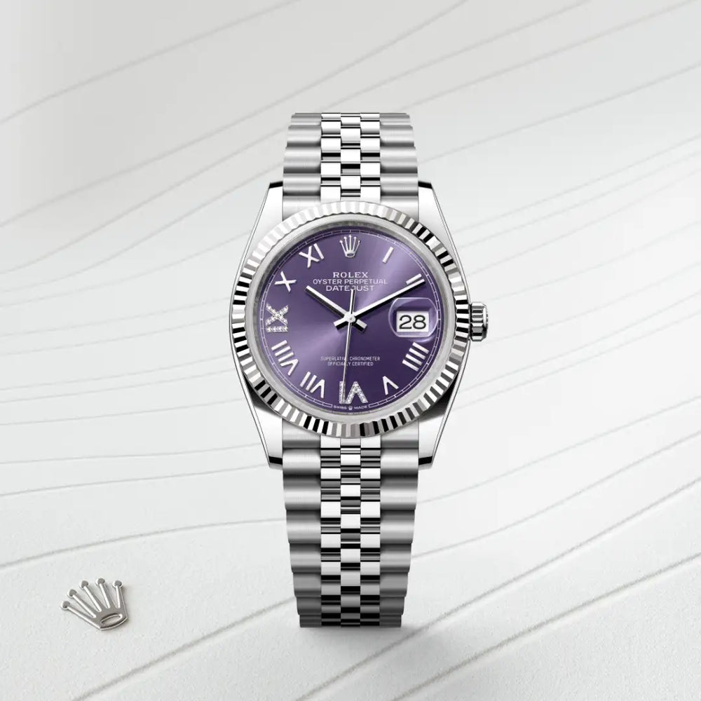 Rolex Datejust 36 in White Rolesor - combination of Oystersteel and white gold with a Aubergine set with diamonds dial, Fluted bezel, Jubilee, five-piece links bracelet