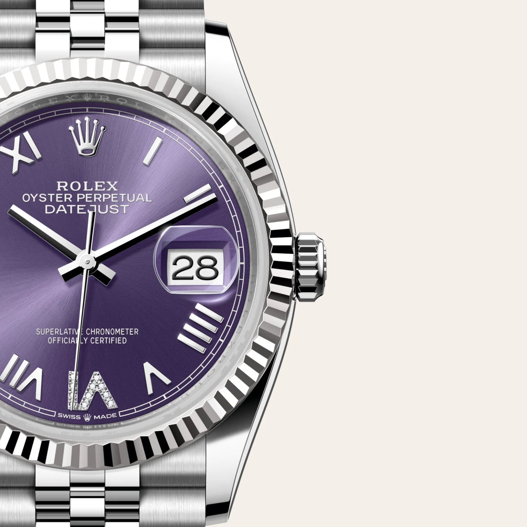 Rolex Datejust 36 in White Rolesor - combination of Oystersteel and white gold with a Aubergine set with diamonds dial, Fluted bezel, Jubilee, five-piece links bracelet