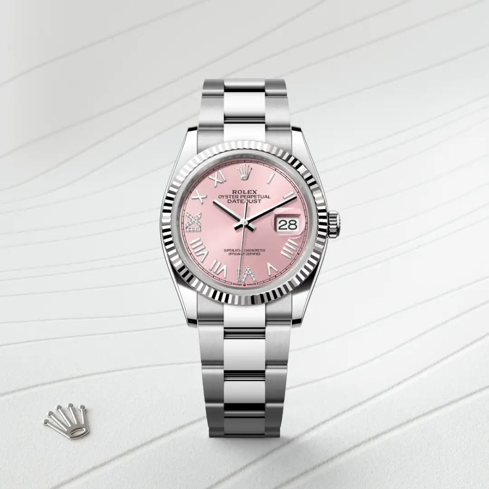 Rolex Datejust 36 in White Rolesor - combination of Oystersteel and white gold with a Pink set with diamonds dial, Fluted bezel, Oyster, three-piece solid links bracelet