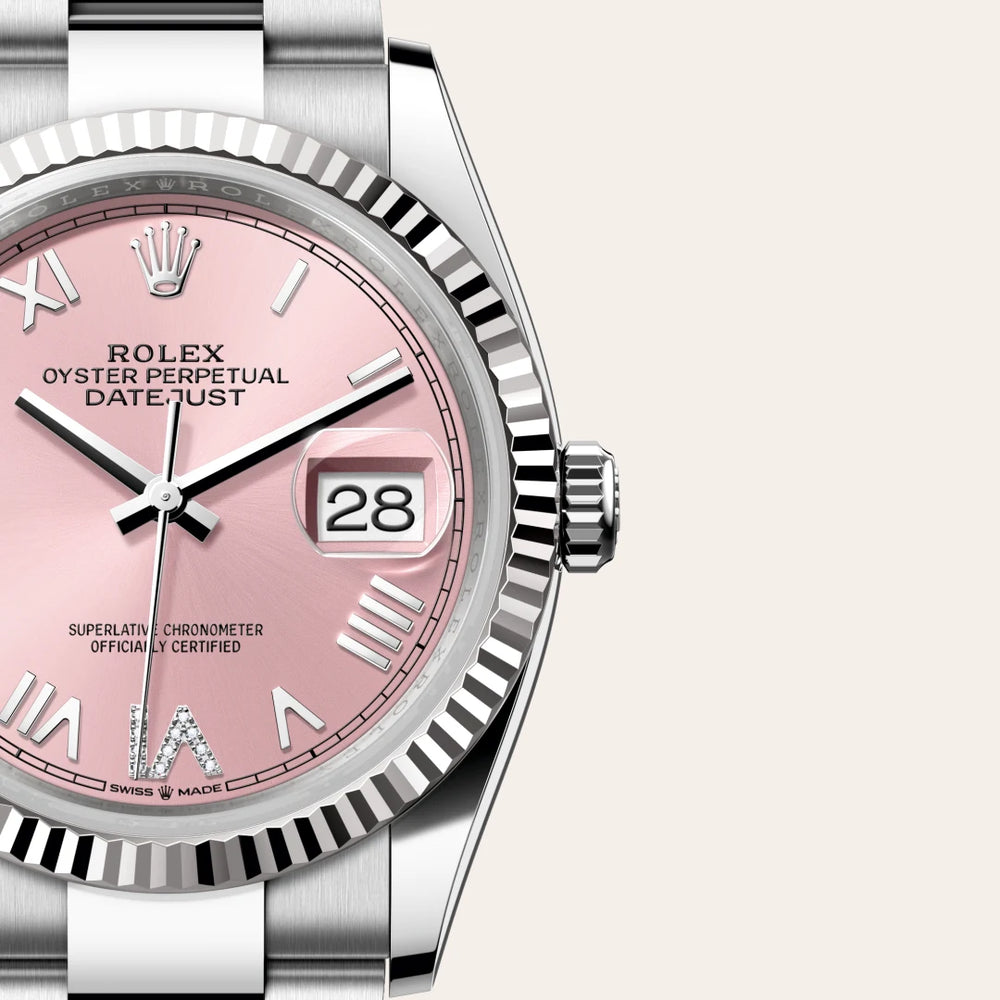 Rolex Datejust 36 in White Rolesor - combination of Oystersteel and white gold with a Pink set with diamonds dial, Fluted bezel, Oyster, three-piece solid links bracelet