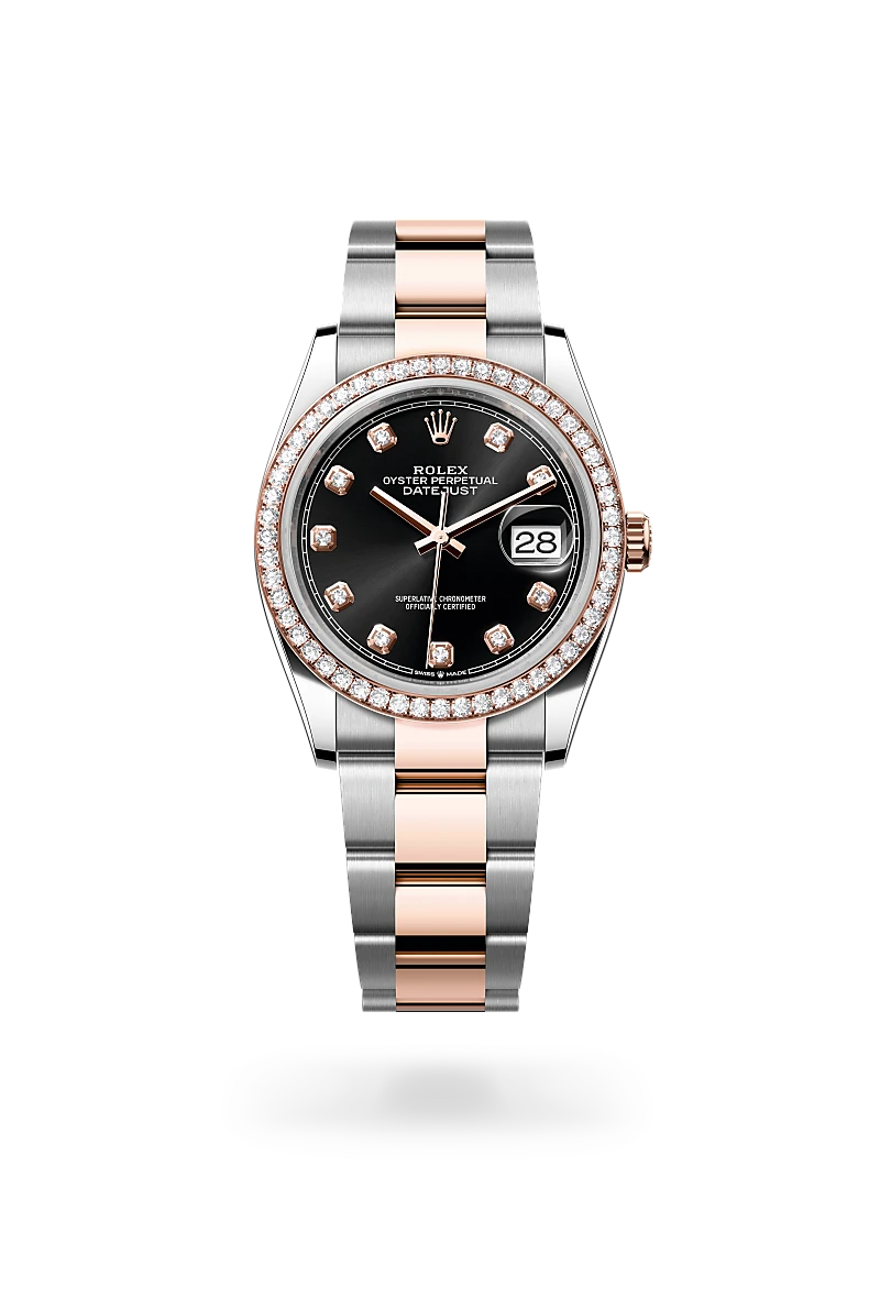 Rolex Datejust 36 in Everose Rolesor - combination of Oystersteel and Everose gold with a Bright black set with diamonds dial, Diamond-set bezel, Oyster, three-piece solid links bracelet