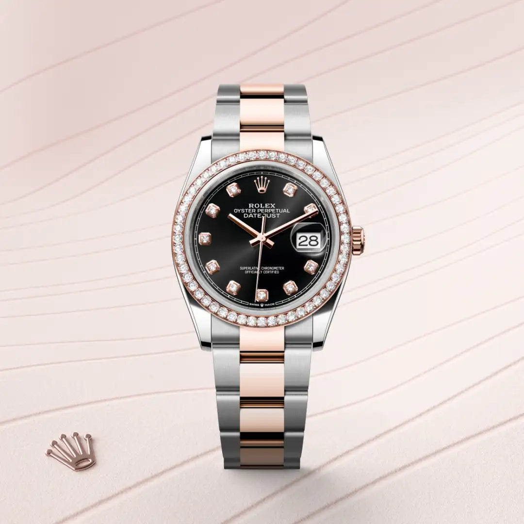 Rolex Datejust 36 in Everose Rolesor - combination of Oystersteel and Everose gold with a Bright black set with diamonds dial, Diamond-set bezel, Oyster, three-piece solid links bracelet