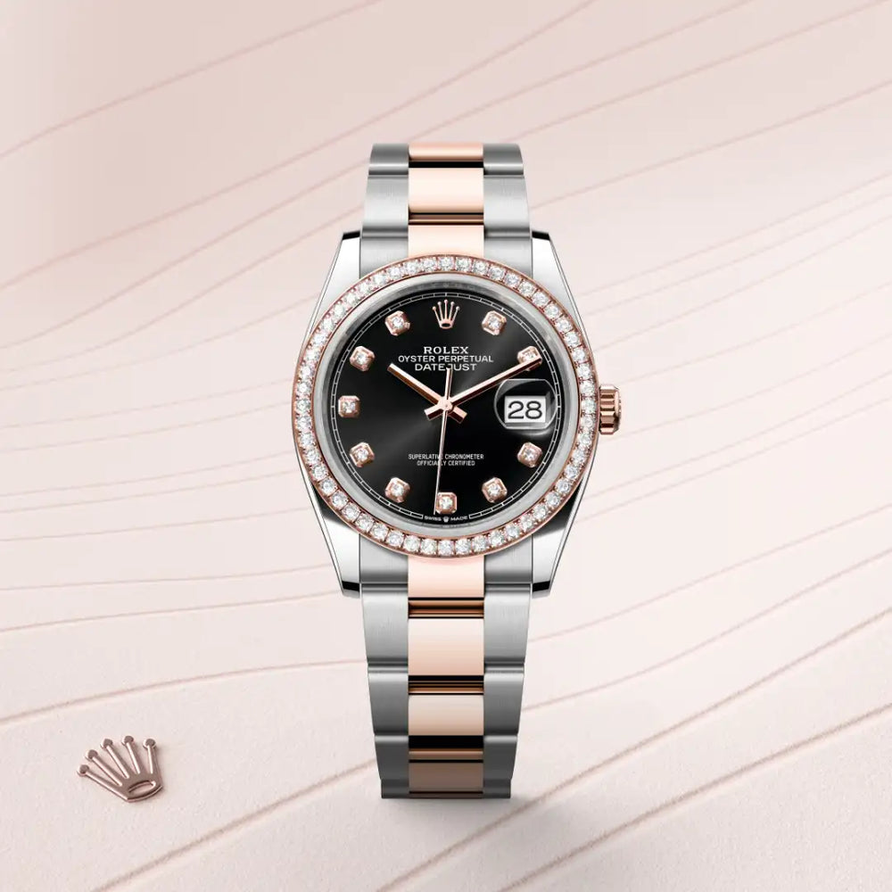 Rolex Datejust 36 in Everose Rolesor - combination of Oystersteel and Everose gold with a Bright black set with diamonds dial, Diamond-set bezel, Oyster, three-piece solid links bracelet