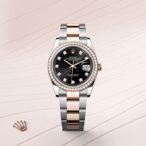 Rolex Datejust 36 in Everose Rolesor - combination of Oystersteel and Everose gold with a Bright black set with diamonds dial, Diamond-set bezel, Oyster, three-piece solid links bracelet