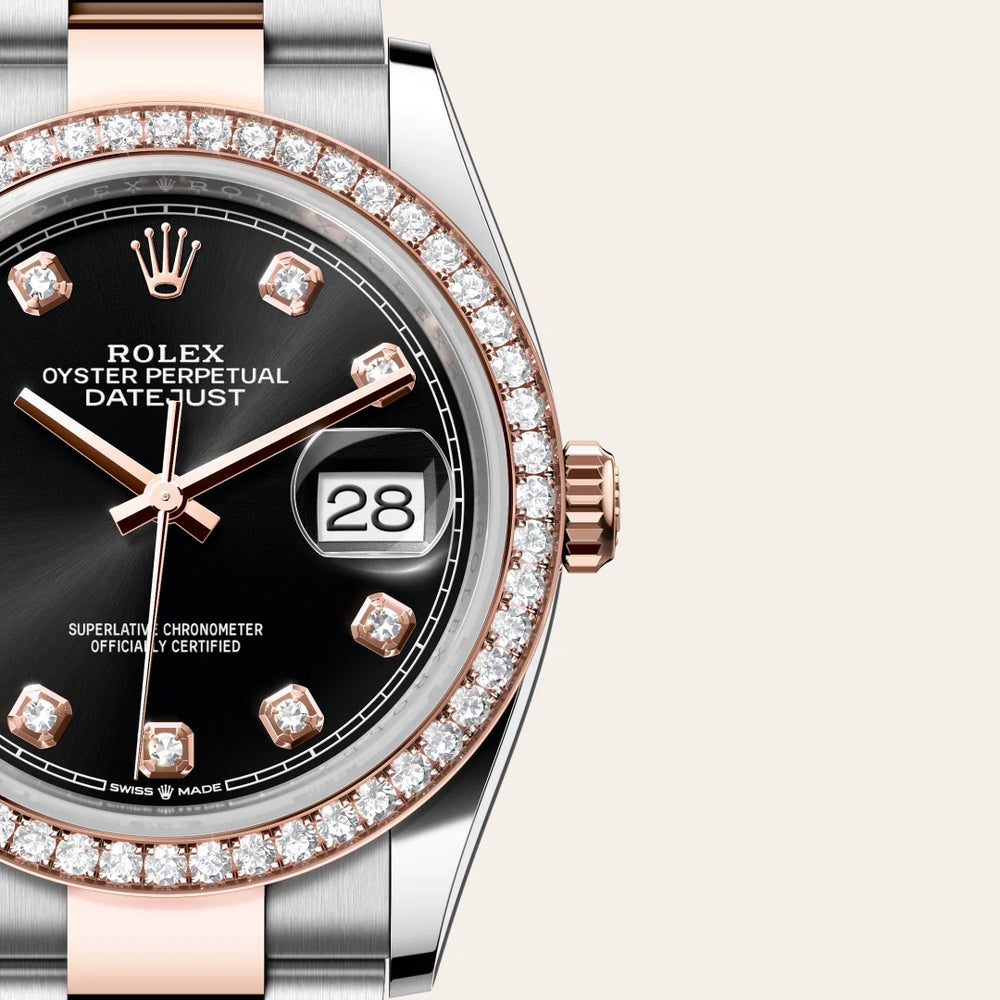 Rolex Datejust 36 in Everose Rolesor - combination of Oystersteel and Everose gold with a Bright black set with diamonds dial, Diamond-set bezel, Oyster, three-piece solid links bracelet