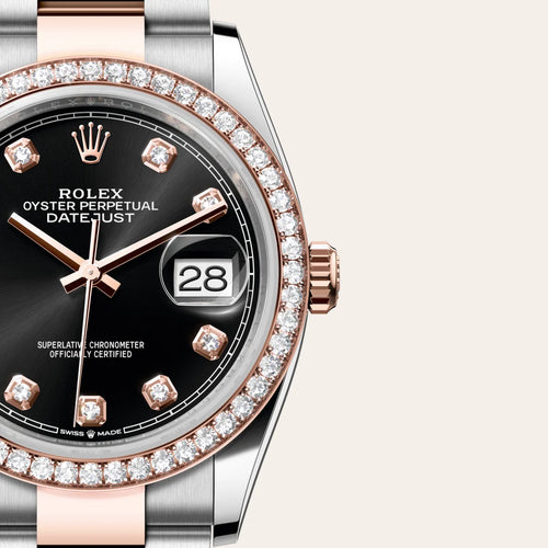 Rolex Datejust 36 in Everose Rolesor - combination of Oystersteel and Everose gold with a Bright black set with diamonds dial, Diamond-set bezel, Oyster, three-piece solid links bracelet