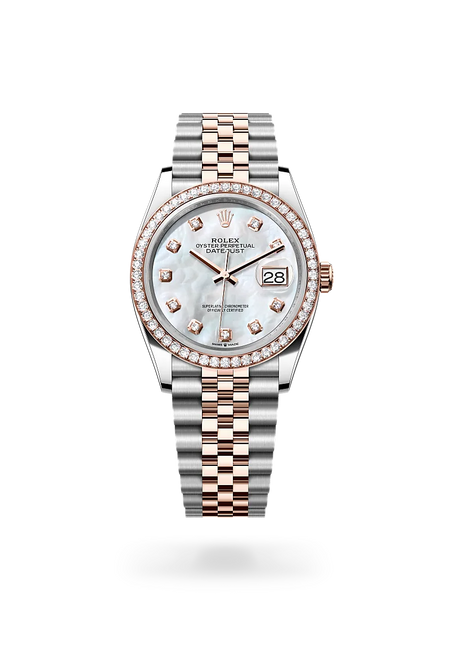Rolex Datejust 36 in Everose Rolesor - combination of Oystersteel and Everose gold with a White mother-of-pearl set with diamonds dial, Diamond-set bezel, Jubilee, five-piece links bracelet