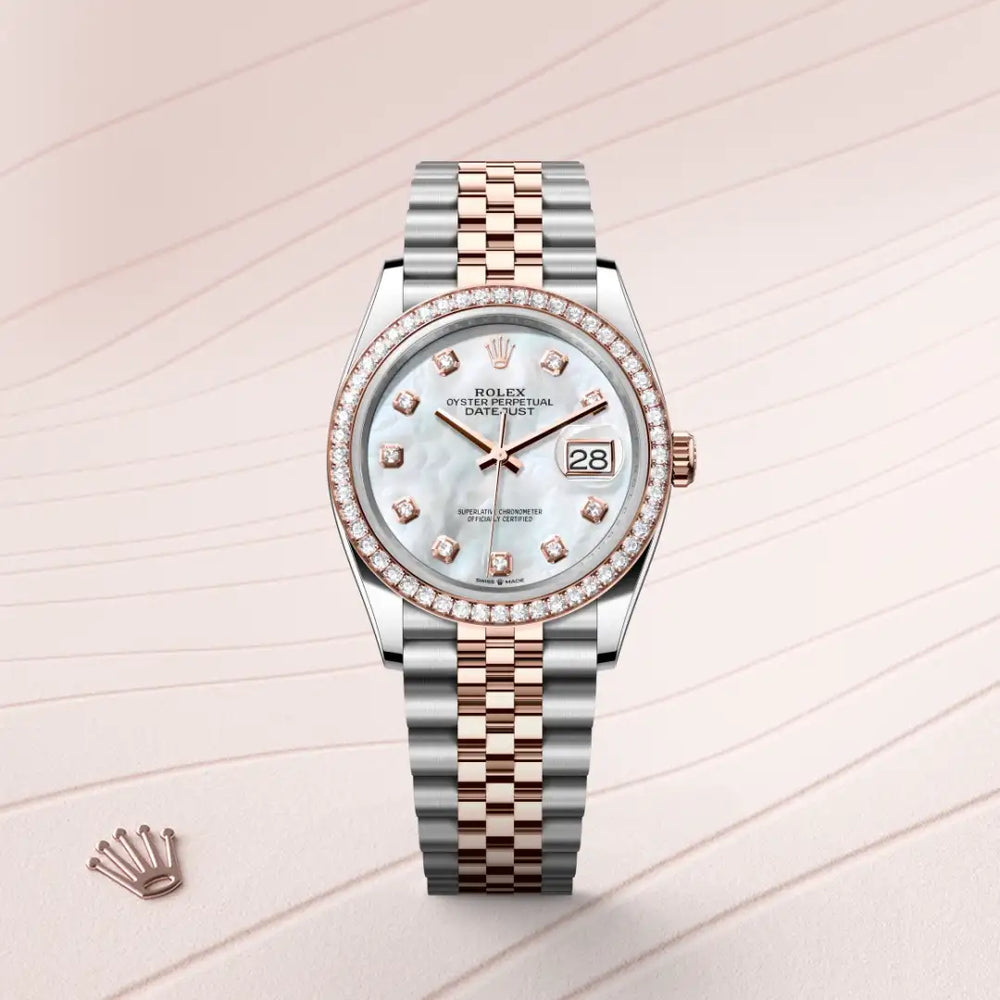 Rolex Datejust 36 in Everose Rolesor - combination of Oystersteel and Everose gold with a White mother-of-pearl set with diamonds dial, Diamond-set bezel, Jubilee, five-piece links bracelet