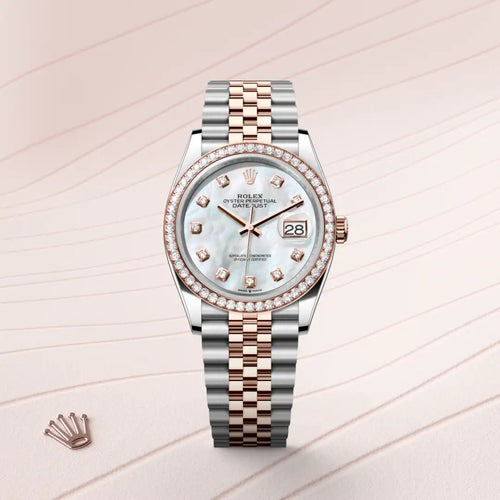 Rolex Datejust 36 in Everose Rolesor - combination of Oystersteel and Everose gold with a White mother-of-pearl set with diamonds dial, Diamond-set bezel, Jubilee, five-piece links bracelet