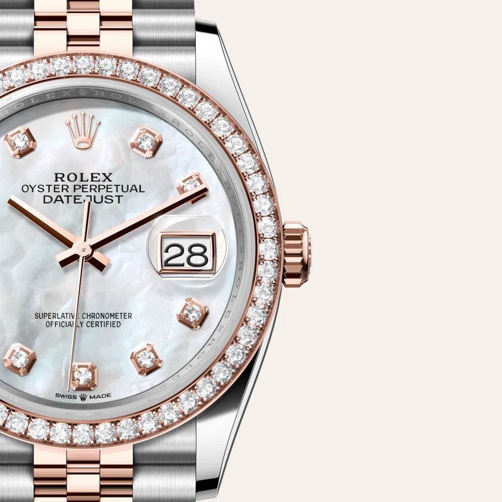 Rolex Datejust 36 in Everose Rolesor - combination of Oystersteel and Everose gold with a White mother-of-pearl set with diamonds dial, Diamond-set bezel, Jubilee, five-piece links bracelet