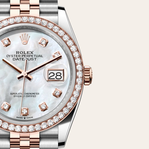 Rolex Datejust 36 in Everose Rolesor - combination of Oystersteel and Everose gold with a White mother-of-pearl set with diamonds dial, Diamond-set bezel, Jubilee, five-piece links bracelet