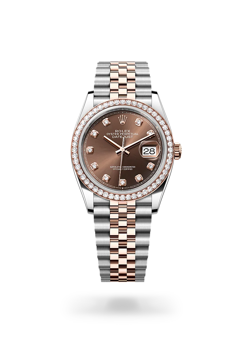 Rolex Datejust 36 in Everose Rolesor - combination of Oystersteel and Everose gold with a Chocolate set with diamonds dial, Diamond-set bezel, Jubilee, five-piece links bracelet