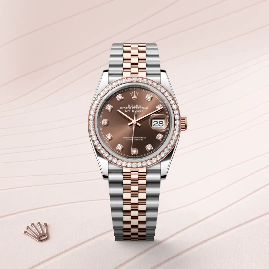 Rolex Datejust 36 in Everose Rolesor - combination of Oystersteel and Everose gold with a Chocolate set with diamonds dial, Diamond-set bezel, Jubilee, five-piece links bracelet