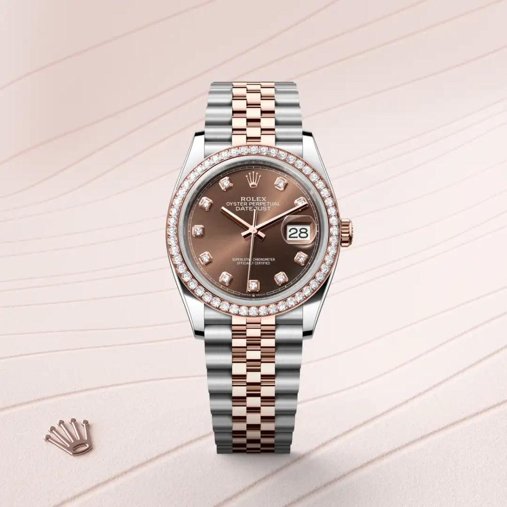 Rolex Datejust 36 in Everose Rolesor - combination of Oystersteel and Everose gold with a Chocolate set with diamonds dial, Diamond-set bezel, Jubilee, five-piece links bracelet