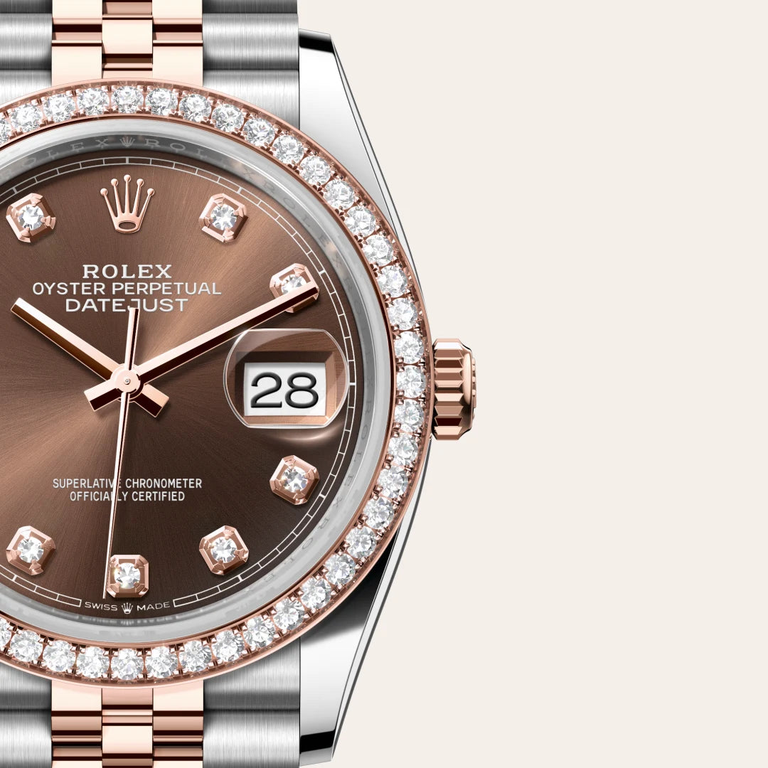 Rolex Datejust 36 in Everose Rolesor - combination of Oystersteel and Everose gold with a Chocolate set with diamonds dial, Diamond-set bezel, Jubilee, five-piece links bracelet