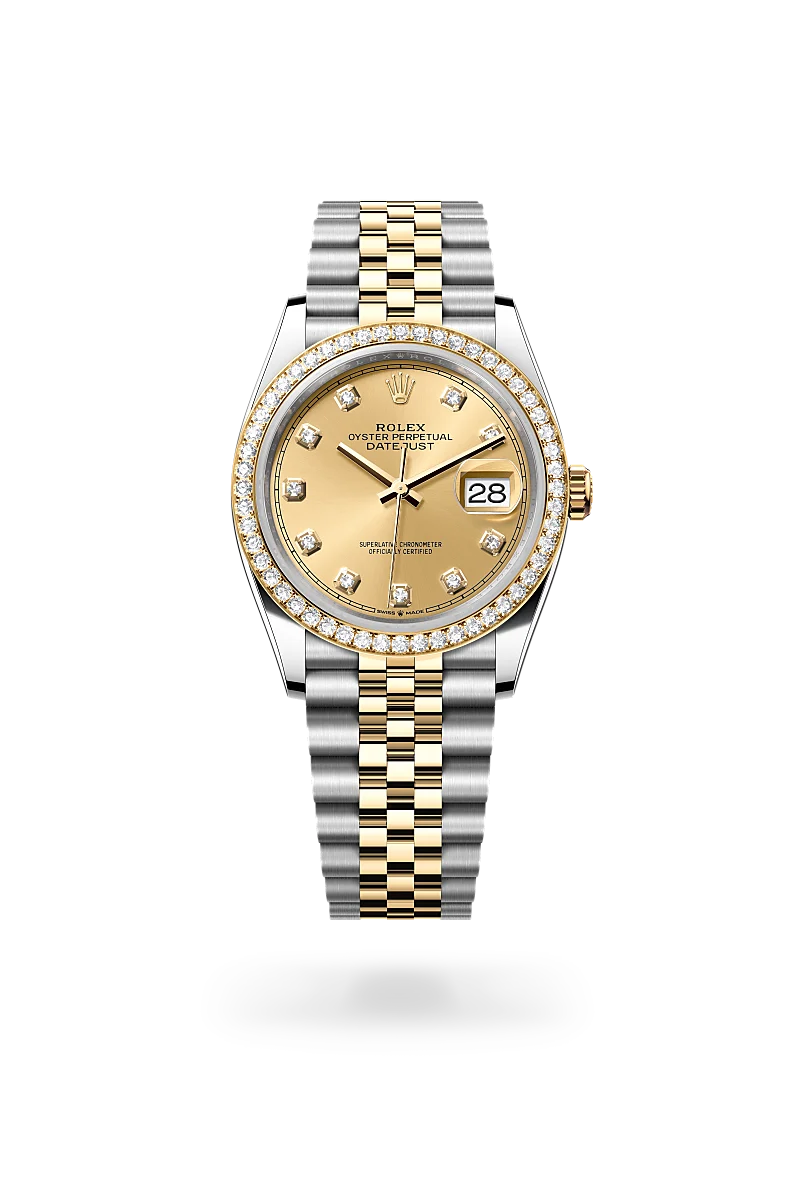 Rolex Datejust 36 in Yellow Rolesor - combination of Oystersteel and yellow gold with a Champagne-colour set with diamonds dial, Diamond-set bezel, Jubilee, five-piece links bracelet