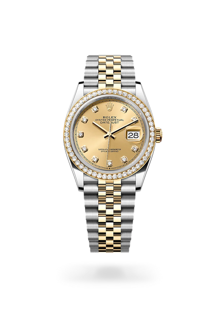 Rolex Datejust 36 in Yellow Rolesor - combination of Oystersteel and yellow gold with a Champagne-colour set with diamonds dial, Diamond-set bezel, Jubilee, five-piece links bracelet