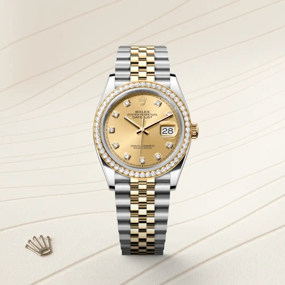 Rolex Datejust 36 in Yellow Rolesor - combination of Oystersteel and yellow gold with a Champagne-colour set with diamonds dial, Diamond-set bezel, Jubilee, five-piece links bracelet
