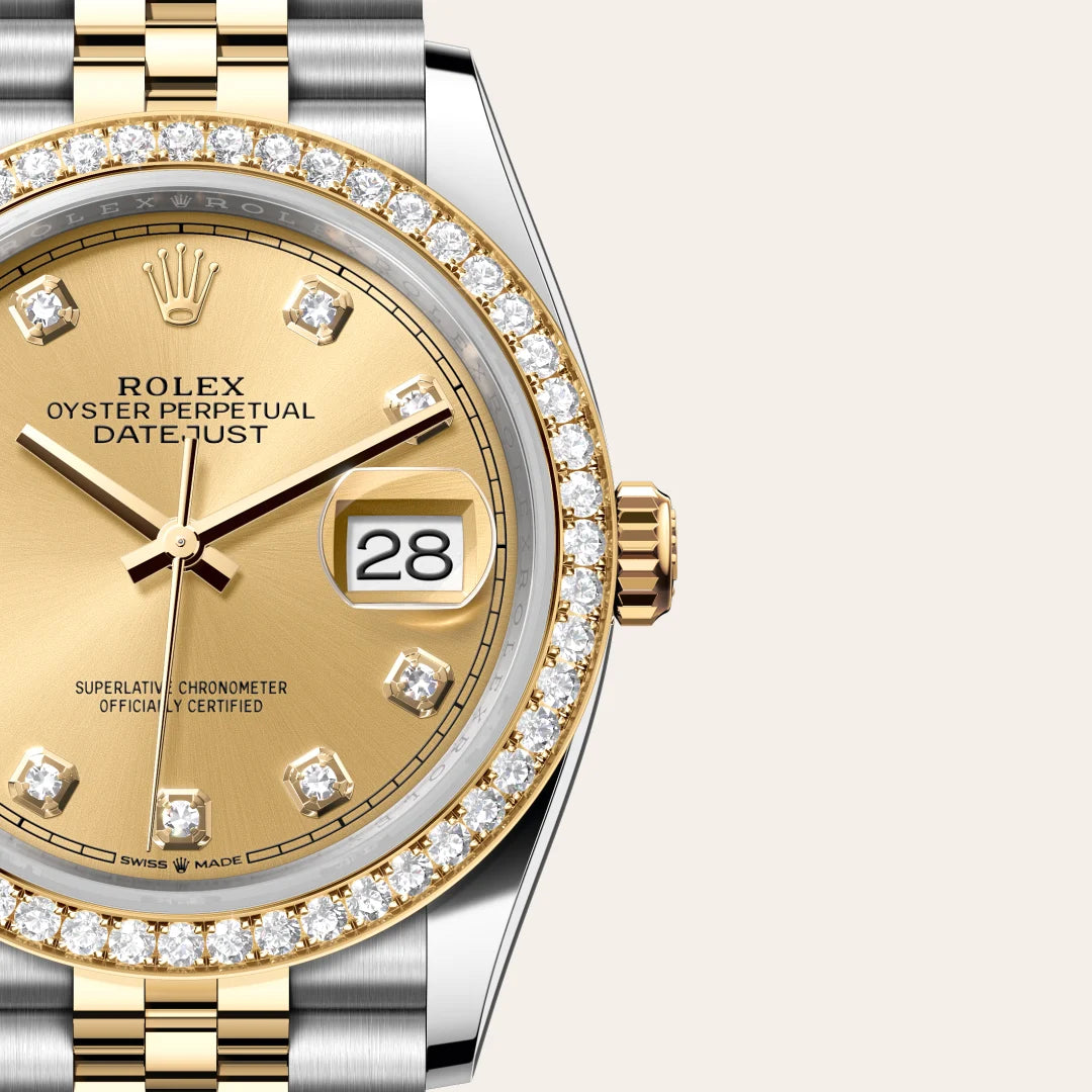 Rolex Datejust 36 in Yellow Rolesor - combination of Oystersteel and yellow gold with a Champagne-colour set with diamonds dial, Diamond-set bezel, Jubilee, five-piece links bracelet