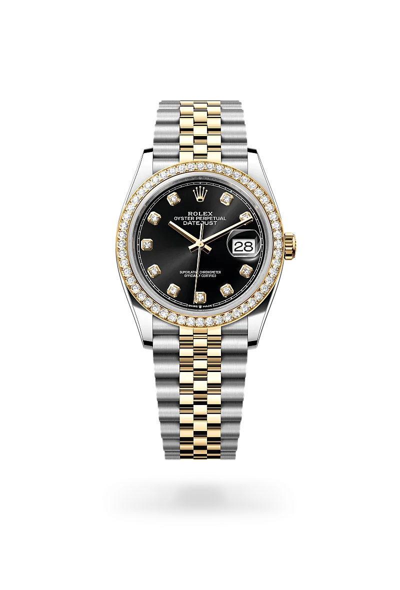 Rolex Datejust 36 in Yellow Rolesor - combination of Oystersteel and yellow gold with a Bright black set with diamonds dial, Diamond-set bezel, Jubilee, five-piece links bracelet