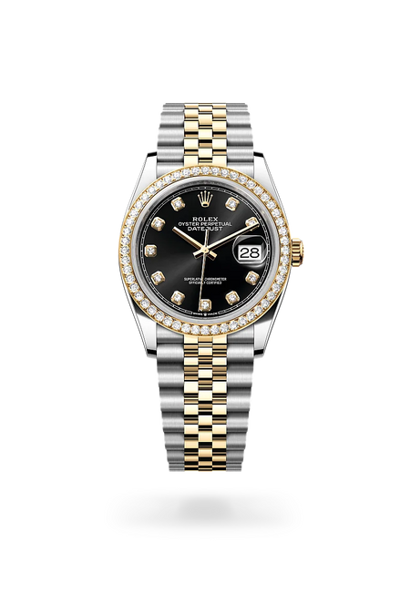 Rolex Datejust 36 in Yellow Rolesor - combination of Oystersteel and yellow gold with a Bright black set with diamonds dial, Diamond-set bezel, Jubilee, five-piece links bracelet