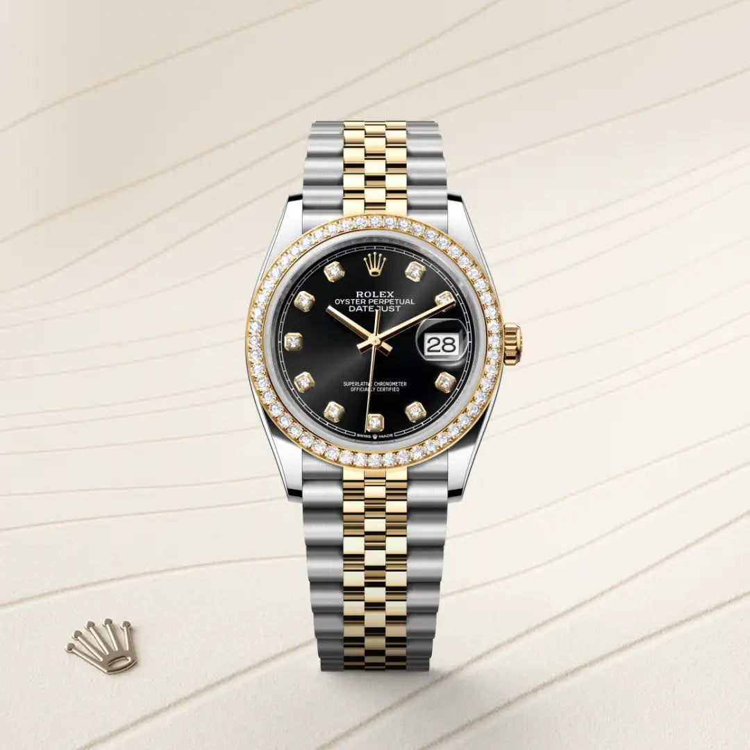 Rolex Datejust 36 in Yellow Rolesor - combination of Oystersteel and yellow gold with a Bright black set with diamonds dial, Diamond-set bezel, Jubilee, five-piece links bracelet