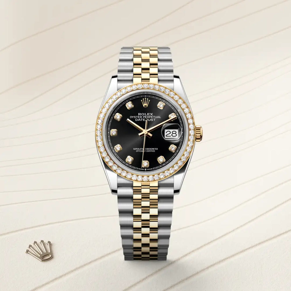 Rolex Datejust 36 in Yellow Rolesor - combination of Oystersteel and yellow gold with a Bright black set with diamonds dial, Diamond-set bezel, Jubilee, five-piece links bracelet