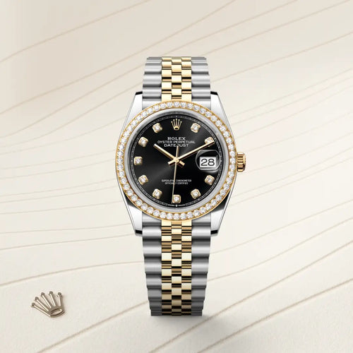 Rolex Datejust 36 in Yellow Rolesor - combination of Oystersteel and yellow gold with a Bright black set with diamonds dial, Diamond-set bezel, Jubilee, five-piece links bracelet