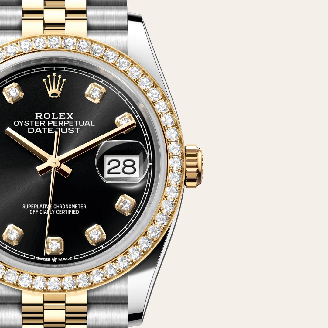 Rolex Datejust 36 in Yellow Rolesor - combination of Oystersteel and yellow gold with a Bright black set with diamonds dial, Diamond-set bezel, Jubilee, five-piece links bracelet