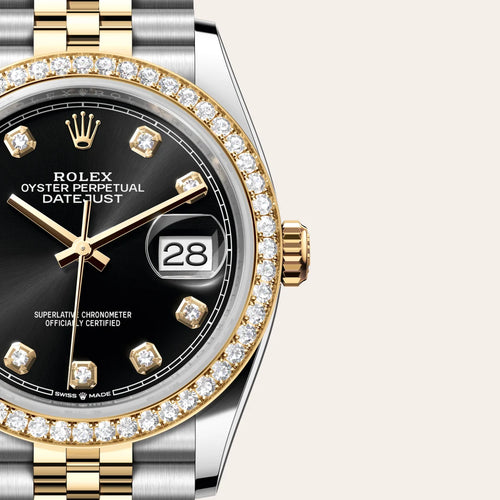 Rolex Datejust 36 in Yellow Rolesor - combination of Oystersteel and yellow gold with a Bright black set with diamonds dial, Diamond-set bezel, Jubilee, five-piece links bracelet